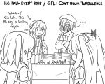 1boy 3girls admiral_(kantai_collection) anger_vein beret commander_(girls_frontline) commentary crossed_arms english female_admiral_(kantai_collection) gas_mask girls_frontline greyscale guin_guin hat kantai_collection long_hair monochrome multiple_girls one_side_up sendai_(kantai_collection) spoken_ellipsis two_side_up ump45_(girls_frontline) 