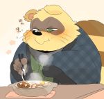  2017 anthro canine clothed clothing eating food green_eyes humanoid_hands hyaku1063 japanese_text male mammal overweight overweight_male scarf sengoku_puzzle simple_background solo tanuki text tokugawa_ieyasu 