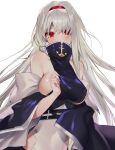  azur_lane bare_shoulders blush breasts colorado_(azur_lane) commentary_request covered_mouth hairband highres large_breasts long_hair red_eyes shirako_sei sideboob upper_body white_hair 