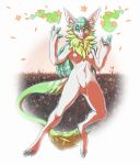  2015 4_toes anthro breasts digital_media_(artwork) dragon featureless_breasts featureless_crotch female fur furred_dragon green_eyes navel nude rayley solo toes white_fur 