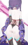  ass back bare_shoulders black_legwear black_panties choker club detached_sleeves doremi fate/grand_order fate_(series) from_behind highres holding holding_weapon oni pale_skin panties petite purple_hair short_twintails shoulder_blades shuten_douji_(fate/grand_order) shuten_douji_(halloween)_(fate) solo spiked_club standing thighhighs twintails underwear weapon 
