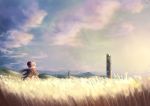  blue_eyes cloud cloudy_sky day field green_capelet highres horns momiji_manjuu_(usagiblackmore) original outdoors red_scarf scarf scenery short_hair silver_hair sky solo standing 