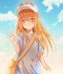  :d blonde_hair blue_shirt character_name eyebrows_visible_through_hair floating_hair hair_between_eyes hat hataraku_saibou long_hair looking_at_viewer open_mouth platelet_(hataraku_saibou) shirt shoku_(dumplings) short_sleeves smile solo upper_body very_long_hair white_hat 