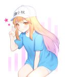  between_legs blonde_hair blue_shirt blush brown_eyes character_name collarbone floating_hair hand_between_legs hat hataraku_saibou long_hair platelet_(hataraku_saibou) shirt short_shorts short_sleeves shorts sitting siun solo star v white_background white_hat white_shorts 