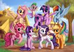  2018 absurd_res applejack_(mlp) cutie_mark detailed_background dragon earth_pony equine eyelashes feathered_wings feathers female feral fluttershy_(mlp) friendship_is_magic group hair hat hi_res hooves horn horse long_hair mammal my_little_pony open_mouth outside pegasus pinkie_pie_(mlp) pony rainbow_dash_(mlp) rarity_(mlp) setharu smile spike_(mlp) starlight_glimmer_(mlp) tree twilight_sparkle_(mlp) unicorn winged_unicorn wings young 