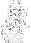  1girl armlet bowsette breasts collar crown dress female horns mario_(series) monochrome new_super_mario_bros._u_deluxe nintendo open_mouth pon shell solo spiked_collar spikes super_crown tail translation_request 