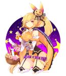  ;) arm_scrunchie bare_shoulders basket belt blonde_hair bow breasts candy cape contrapposto corset cowboy_shot diagonal_stripes dragalia_lost elbow_gloves elisanne food fruitfroze garter_straps gloves hair_ornament halloween halloween_costume high_collar highres jack-o'-lantern jack-o'-lantern_hair_ornament large_breasts leotard long_hair looking_at_viewer loose_belt night one_eye_closed orange_leotard orange_scrunchie ponytail pumpkin purple_belt purple_eyes scrunchie smile solo spider_web_hair_ornament star striped striped_bow thighhighs very_long_hair white_gloves 