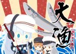  belt black_belt black_bow black_gloves black_hat black_skirt blue_eyes blue_shawl blush_stickers bow brown_eyes brown_hair camouflage_jacket chibi closed_mouth commentary_request earmuffs facial_scar fingerless_gloves fish fishing_rod flat_cap gangut_(kantai_collection) gloves grey_hair hair_between_eyes hair_bow hair_ornament hairclip hammer_and_sickle hat hibiki_(kantai_collection) jacket kantai_collection lacecats long_hair long_sleeves low_twintails military_hat military_jacket open_mouth papakha parody peaked_cap pleated_skirt red_shirt remodel_(kantai_collection) ribbon_trim saury scar scar_on_cheek scarf shawl shirt skirt star tashkent_(kantai_collection) torn_scarf twintails verniy_(kantai_collection) white_hat white_jacket white_scarf 