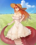  :d bare_shoulders blue_sky breasts cleavage cloud collarbone commentary commission day dress english_commentary fang hair_between_eyes hat hat_ornament highres jewelry lamia large_breasts long_hair looking_at_viewer miia_(monster_musume) monster_girl monster_musume_no_iru_nichijou nature open_mouth outdoors pendant red_hair scales sky smile solo sookmo strapless strapless_dress sun_hat white_dress wind yellow_eyes 