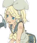  aqua_eyes bangs bare_shoulders blonde_hair blush broiler commentary_request fang hair_ornament hair_ribbon hairclip headphones headset highres kagamine_rin leaning_forward microphone open_mouth pop_filter ribbon sailor_collar shirt short_hair shorts simple_background sleeveless sleeveless_shirt smile solo tattoo vocaloid white_background 