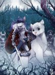  2018 anthro black_nose blue_hair canine digital_media_(artwork) feral ferret foxintwilight group hair holding_object holding_weapon mammal melee_weapon mustelid snow sword weapon wolf 