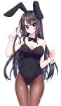  animal_ears black_eyes black_hair black_leotard black_neckwear bow bowtie breasts brown_legwear bunny_ears bunnysuit cleavage covered_navel cowboy_shot detached_collar kitsuneco leotard long_hair looking_at_viewer medium_breasts pantyhose sakurajima_mai seishun_buta_yarou simple_background solo strapless strapless_leotard thigh_gap white_background wrist_cuffs 