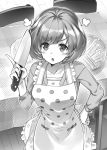  :o apron blush bowl chair from_above hand_on_hip holding holding_knife index_finger_raised indoors isekai_game_shinwa_taikei knife long_sleeves looking_at_viewer miffed novel_illustration official_art plate polka_dot pout short_hair solo standing super_zombie table tablecloth v-shaped_eyebrows 
