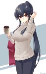  black_hair brown_eyes commentary_request cowboy_shot denim grey_sweater ichinomiya_(blantte) jeans kantai_collection long_hair looking_at_viewer pants ponytail red_scarf ribbed_sweater scarf scrunchie solo standing sweater tumbler two-tone_background white_background yahagi_(kantai_collection) 