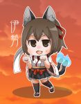 :3 :d animal_ears black_footwear black_legwear black_skirt blush brown_eyes brown_hair cat_ears cat_girl cat_tail chibi cloud cloudy_sky commentary_request fang full_body gurageida hair_ribbon hands_up ise_(kantai_collection) japanese_clothes kantai_collection kemonomimi_mode kimono long_sleeves looking_at_viewer multiple_tails nekomata open_mouth paw_pose pleated_skirt red_ribbon remodel_(kantai_collection) ribbon ribbon-trimmed_sleeves ribbon_trim short_kimono skirt sky smile solo standing standing_on_one_leg tail thighhighs translated two_tails white_headband white_kimono wide_sleeves zouri 