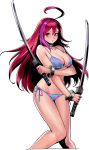  ahoge artist_request bare_arms bare_legs bikini blush breasts collarbone dual_wielding elena_(metal_slug) holding katana large_breasts long_hair metal_slug metal_slug_attack multicolored_hair official_art pink_hair polka_dot polka_dot_bikini red_eyes red_hair solo swimsuit sword weapon white_background 