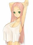  1girl arm_up bare_shoulders bottomless breasts eyebrows_visible_through_hair eyes_visible_through_hair green_eyes holding_own_arm huge_breasts long_hair looking_at_viewer morozou navel no_bra original out-of-frame_censoring parted_lips pink_hair sideboob simple_background solo standing stretch tank_top white_background 