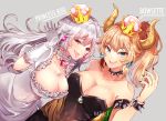  armlet artist_name bare_shoulders black_dress black_nails blonde_hair blue_earrings blue_eyes bowsette bracelet breasts character_name choker cleavage collar collarbone covered_navel crown dress earrings frilled_choker frills gloves grey_background hazu_t horns jewelry large_breasts long_hair looking_at_viewer luigi's_mansion mario_(series) multiple_girls nail_polish new_super_mario_bros._u_deluxe open_mouth pink_earrings ponytail princess_king_boo purple_eyes salute sharp_teeth short_hair simple_background smile spiked_armlet spiked_bracelet spiked_collar spikes super_crown teeth tongue tongue_out white_choker white_dress white_gloves white_hair 