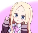  :d abigail_williams_(fate/grand_order) bangs blonde_hair blue_eyes blush bow collared_shirt commentary_request cosplay fate/grand_order fate_(series) forehead gradient gradient_background hands_up jacket kujou_karasuma long_hair long_sleeves looking_at_viewer open_mouth parted_bangs pink_background pink_bow purple_jacket salute shinjou_akane shinjou_akane_(cosplay) shirt sleeves_past_wrists smile solo ssss.gridman vulcan_salute white_background white_shirt 
