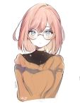  bangs black_shirt blush bob_cut brown_sweater closed_mouth expressionless eyebrows_visible_through_hair glasses grey_eyes hair_between_eyes looking_at_viewer lpip original pink_hair round_eyewear shirt signature simple_background solo sweater upper_body v_arms white_background 
