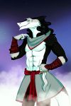  2016 5_fingers anthro black_fur clothed clothing digital_media_(artwork) fur male rayley sergal solo white_fur 