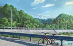  bicycle blue_sky bus_stop bush cloud commentary day forest ground_vehicle jing_(jiunn1985matw) mountain nature no_humans original outdoors power_lines railing river road road_sign scenery shadow sign signature sky stairs tree water 