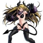  alma_(metal_slug) alternate_costume artist_request bat_wings blonde_hair breasts clawed_gauntlets cosplay demon_horns demon_tail detached_sleeves horns large_breasts long_hair metal_slug metal_slug_attack midriff navel official_art pointy_ears red_eyes solo tail thighhighs wings 