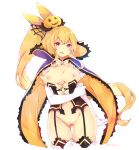  artist_name bangs blonde_hair blush bow breasts cape censored corset cowboy_shot diagonal_stripes dragalia_lost elbow_gloves elisanne fruitfroze garter_straps gloves halloween_costume heart heart_censor high_collar highres long_hair looking_at_viewer medium_breasts nipples nude open_mouth ponytail purple_eyes simple_background solo striped striped_bow thighhighs very_long_hair white_background white_gloves 