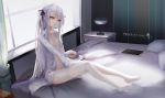  absolute_duo bed closed_mouth cup day hair_ribbon head_tilt highres holding long_hair looking_at_viewer md5_mismatch naked_shirt navel open_clothes open_shirt red_eyes ribbon shirt silver_hair sitting solo teacup thighhighs two_side_up wangchuan_de_quanyan white_legwear white_shirt window yurie_sigtuna 