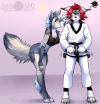  2018 4_toes 5_fingers abluedeer anthro barefoot black_nose blue_eyes breasts canine clothed clothing digital_media_(artwork) duo feline female gi hair lynx male mammal midriff navel red_hair simple_background toes wolf 