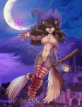  &lt;3 2018 4_toes 5_fingers anthro areola bell_collar blue_eyes breasts broom brown_fur brown_hair brown_tail canine choker clitoris clothing collar digital_media_(artwork) dog female fluffy fluffy_tail flying fur hair halloween hat holidays imanika lantern legwear long_hair magic_user mammal moon mostly_nude multicolored_fur night nipples outside pussy sky smile solo star starry_sky stockings tan_fur tan_tail thigh_highs toeless_stockings toes two_tone_fur two_tone_tail witch witch_hat 