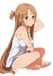  asuna_(sao) bare_arms bare_legs barefoot breasts brown_eyes brown_hair camisole cleavage feet hand_behind_head indian_style long_hair looking_at_viewer medium_breasts nakasima-syouta short_shorts shorts sideboob sitting smile sword_art_online tank_top toes very_long_hair white_background 