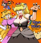  90s :d afterimage animal_ear_fluff animal_ears arm_around_waist azuki_osamitsu bangs bare_shoulders black_dress black_nails blonde_hair blue_earrings blue_overalls blush bow bowsette bowsette_(cosplay) bracelet breasts breathing_fire brooch brown_eyes brown_footwear brown_hair choker claw_pose cleavage closed_eyes collarbone commentary_request cosplay crossover crown dress earrings ears_down elbow_gloves english engrish eyebrows_visible_through_hair fake_facial_hair fake_mustache fang fingernails fire floating fox_ears fox_girl fox_tail futatsuiwa_mamizou glasses gloves hand_up hat heart heart_in_mouth heterochromia hidden_mouth high_ponytail horn_bow horns ibuki_suika ibuki_suika_(cosplay) jewelry jpeg_artifacts large_breasts long_fingernails long_hair long_sleeves looking_at_another looking_at_viewer mario mario_(cosplay) mario_(series) multiple_girls multiple_tails nail_polish navel navel_cutout new_super_mario_bros._u_deluxe nose open_mouth orange_background overalls overskirt palms pink_dress princess princess_peach princess_peach_(cosplay) puffy_short_sleeves puffy_sleeves purple_eyes raccoon_ears raccoon_girl raccoon_tail ranguage red_hat ribbon ribbon_choker round_eyewear sapphire_(stone) sharp_fingernails short_hair short_sleeves sidelocks simple_background smile spiked_armlet spiked_bracelet spiked_shell spiked_tail spikes standing strapless strapless_dress super_crown sweater tail touhou trick_or_treat turtle_shell v-shaped_eyebrows white_gloves yakumo_ran yakumo_yukari 