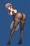  animal_ears ass bare_shoulders bending_forward black_leotard blue_background breasts brown_hair bunny_ears bunny_girl bunny_tail bunnysuit cleavage detached_collar eyebrows_visible_through_hair fake_animal_ears from_behind full_body gg-e high_heels highres large_breasts leotard long_hair looking_at_viewer original pantyhose simple_background skindentation solo strapless strapless_leotard tail thighhighs thighhighs_over_pantyhose tray wrist_cuffs yellow_eyes 