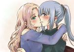  absurdres bangs bare_shoulders blonde_hair blush casual commentary_request ear_blush eyebrows_visible_through_hair fei_cai_xiao_r flowers_(innocent_grey) green_eyes grey_eyes grey_hair hair_ornament hair_scrunchie highres hug huge_filesize imminent_kiss komikado_nerine long_hair multiple_girls off_shoulder parted_lips ponytail scrunchie simple_background turtleneck yatsushiro_yuzuriha yuri 