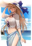  blonde_hair blush breasts cleavage cover cover_page doujin_cover girls_frontline green_eyes hat jewelry large_breasts long_hair looking_at_viewer m1903_springfield_(girls_frontline) midriff navel o-ring ocean open_mouth ring round_teeth shoukaki_(earthean) smile solo stomach sunglasses teeth thighs very_long_hair water wedding_band 