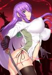  aster_crowley bikini black_legwear blood blue_eyes bouncing_breasts breasts busujima_saeko covered_nipples gloves highres highschool_of_the_dead hips huge_breasts impossible_clothes impossible_shirt katana large_breasts long_hair looking_at_viewer navel parted_lips purple_hair shirt side-tie_bikini smile solo swimsuit sword thighhighs very_long_hair weapon 
