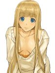  1girl blue_eyes breasts brown_hair downblouse eyebrows_visible_through_hair light_blush long_hair looking_at_viewer medium_breasts morozou no_bra original simple_background solo sweater white_background 