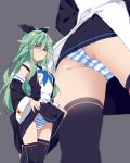  ass black_legwear black_ribbon black_serafuku black_skirt blue_eyes blue_neckwear commentary_request disgust green_hair grey_background hair_between_eyes hair_ornament hair_ribbon hairclip highres kantai_collection lifted_by_self long_hair long_sleeves mtu_(orewamuzituda) multiple_views neckerchief panties pleated_skirt ribbon school_uniform serafuku shaded_face simple_background skirt skirt_lift striped striped_panties thighhighs underwear yamakaze_(kantai_collection) 