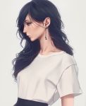  black_eyes black_hair closed_mouth dress earrings highres jewelry lips long_hair looking_to_the_side miura-n315 original profile solo standing upper_body white_background 