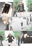  artoria_pendragon_(all) blonde_hair cellphone comic commentary_request fate/grand_order fate_(series) ginhaha jacket medium_hair phone ponytail running saber_alter short_shorts shorts silent_comic smartphone sweat yellow_eyes 