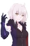  ahoge bangs black_dress blue_gloves breasts brown_eyes collarbone commentary_request dress elbow_gloves eyebrows_visible_through_hair fate/grand_order fate_(series) fur-trimmed_gloves fur-trimmed_jacket fur_trim gloves grey_hair hair_between_eyes head_tilt highres jacket jeanne_d'arc_(alter)_(fate) jeanne_d'arc_(fate)_(all) jewelry jilu looking_at_viewer medium_breasts open_clothes open_jacket parted_lips pendant purple_jacket simple_background solo torn_jacket upper_body vambraces white_background wicked_dragon_witch_ver._shinjuku_1999 