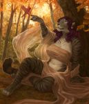  anthro autumn avian bird breasts cardinal_(bird) clothed clothing day feline female forest fur gemma_ssasen hair long_hair mammal midriff navel oouna outside purple_hair raised_arm sitting solo striped_fur stripes tiger tree whiskers white_belly 
