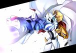  blurry cape commentary_request depth_of_field digimon digimon_adventure digimon_adventure:_bokura_no_war_game hawe_king no_humans non-human omegamon simple_background turret white_background wind 