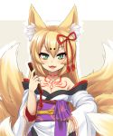  1girl animal_ears bare_shoulders blonde_hair breasts collarbone eyebrows_visible_through_hair fan fangs fluffy_ears fox_ears green_eyes hair_between_eyes hair_ornament japanese_clothes kitsune long_hair long_sleeves looking_at_viewer mon-musu_quest! multiple_tails open_mouth simple_background slit_pupils small_breasts smile solo tail tamamo_(mon-musu_quest!) tattoo 