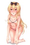  aki_(pixiv23643267) all_fours arifureta_shokugyou_de_sekai_saikyou barefoot black_bow blush bow bra breasts breasts_apart collarbone crotchless_panties cupless_bra eyebrows_visible_through_hair frilled_bra frills hair_between_eyes hair_bow highres long_hair moderate_pubic_hair navel nipples nose_blush panties parted_lips pubic_hair red_eyes simple_background small_breasts solo underwear very_long_hair white_background yue_(arifureta) 