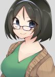  1girl black_hair blue_eyes breasts brown_coat coat collarbone eba_games eyebrows_visible_through_hair glasses green_shirt hairband highres kantai_collection kirishima_(kantai_collection) large_breasts looking_at_viewer purple-framed_eyewear shirt short_hair simple_background smile solo upper_body white_background white_hairband 