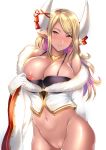  1girl ameno_shigure black_bra blonde_hair blush bottomless bra bra_pull breasts collarbone commentary dark_skin draph fur_trim gloves gradient_hair granblue_fantasy highres horns jewelry kuvira_(granblue_fantasy) large_breasts long_hair looking_at_viewer multicolored_hair navel necklace nipple_slip nipples nose_blush pointy_ears pulled_by_self purple_hair pussy simple_background smile solo uncensored underwear white_background white_gloves wide_sleeves 