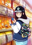  1girl 49s-aragon akuma_shogun backpack bag baseball_cap black_hair black_hole_(kinnikuman) cowboy_shot denim from_side glasses hat holding holding_toy hood hood_down hooded_jacket indoors jacket jeans kinnikuman long_hair long_sleeves looking_at_viewer open_mouth original pants print_backpack smile solo springman_(kinnikuman) standing stecase_king toy 