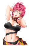 absurdres armpits arms_behind_head arms_up breasts cleavage commentary_request green_eyes head_tilt highres jojo_no_kimyou_na_bouken light_blush medium_breasts navel open_mouth pink_hair short_hair simple_background stomach strapless trish_una vento_aureo white_background yaobin_yang 